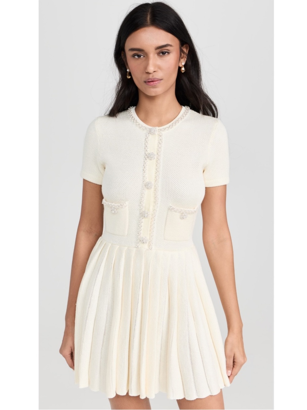 Self-Portrait Dress Cream Knit Mini Pleated Embellished